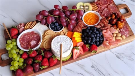 Imagen de una tabla de quesos y frutas con fresas cubiertas de chocolate y copas de champagne.