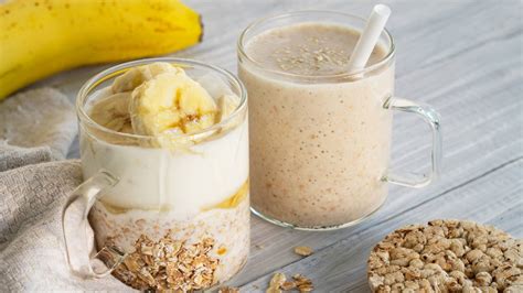 Infografía general de los ingredientes del batido: plátano, avena, chía, proteína en polvo y leche.