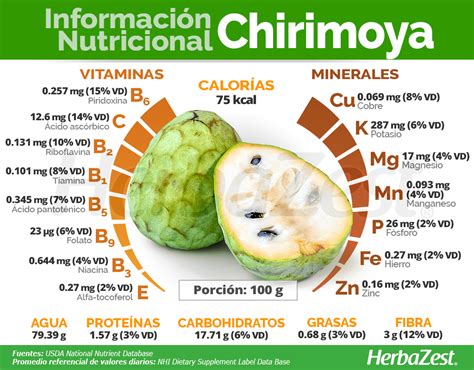 Ilustración detallada de una chirimoya, mostrando su interior y exterior, con anotaciones sobre sus principales nutrientes.