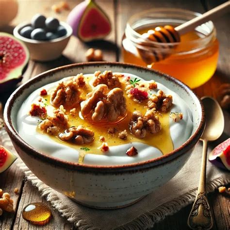 Fotografía de un plato de yogur griego servido con miel y nueces en un restaurante griego.
