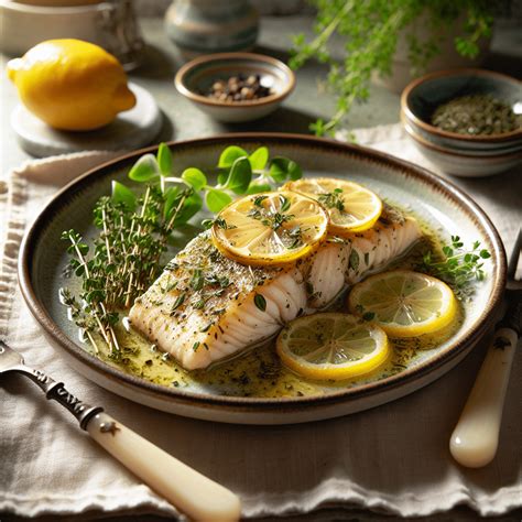 Plato de pescado al horno servido con una cremosa salsa de queso azul y hierbas aromáticas