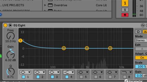 Esquema de la interfaz de EQ Eight en Ableton Live 11, mostrando las ocho bandas de ecualización y los controles de modo estéreo.