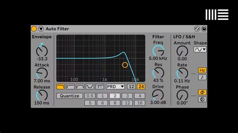 Interfaz de Auto Filter en Ableton Live, con controles de frecuencia, resonancia, tipo de filtro, envolvente y LFO.