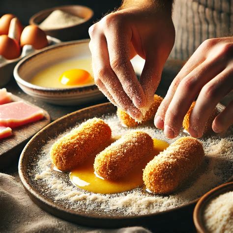 Proceso de rebozado de las croquetas pasando por huevo y pan molido