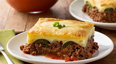 Esquema de las capas de un pastelón: base de puré de yuca, capa intermedia de carne sazonada y cobertura superior de puré de yuca dorado.