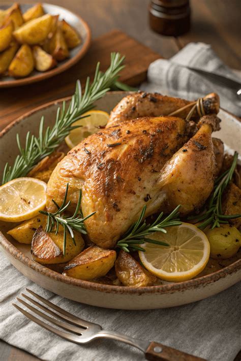 Plato de pollo al limón y romero con hierbas frescas