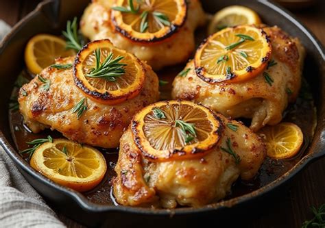 Muslos de pollo marinándose en un bol con limón y hierbas