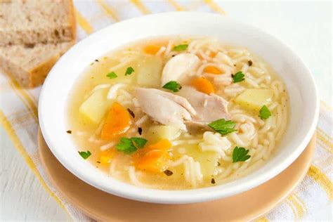 Imagen de una sopa de pollo humeante con fideos y verduras frescas