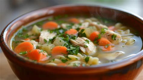 Sopa de pollo clara y humeante en un cuenco rústico con hierbas frescas