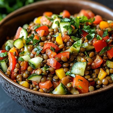 Ilustración de un bol con ensalada de lentejas y verduras frescas.