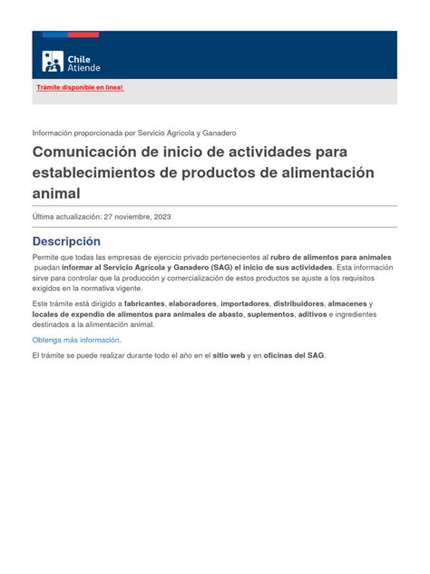 Formulario de inicio de actividades para establecimientos de productos alimentarios para animales.