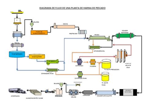 Infografía detallando el proceso de producción de harina de pescado desde la materia prima hasta el producto final.