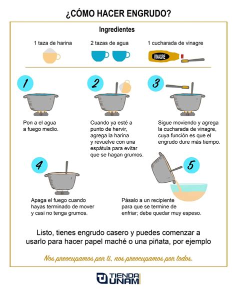 Infografía detallando los pasos para preparar engrudo casero con harina y agua