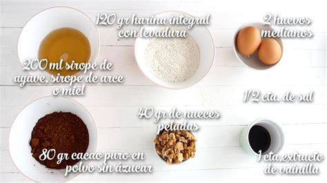 Infografía con los ingredientes principales para un brownie saludable: aguacate, plátano, chocolate negro, dátiles y nueces.