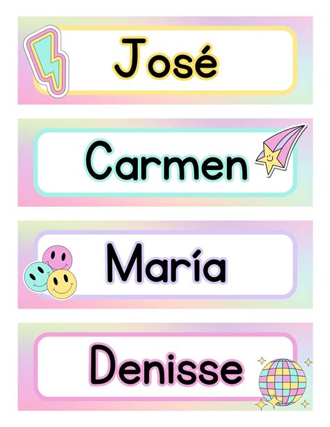 Ilustración de seis plantillas de etiquetas para lápices con nombres personalizados en colores pasteles.