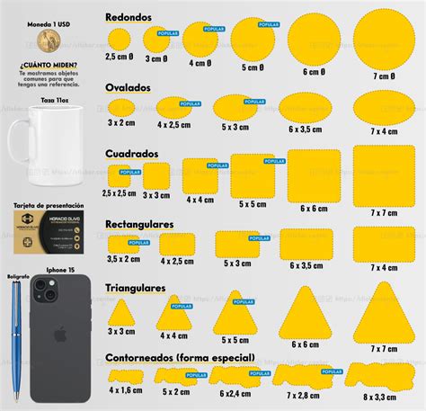 Collage de diferentes formas de etiquetas adhesivas: rectangulares, ovaladas, circulares y cuadradas, con ejemplos de uso.