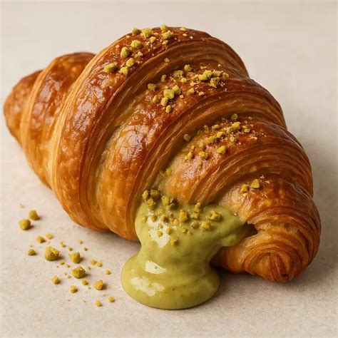 Ilustración de un croissant hojaldrado relleno de crema de pistacho.