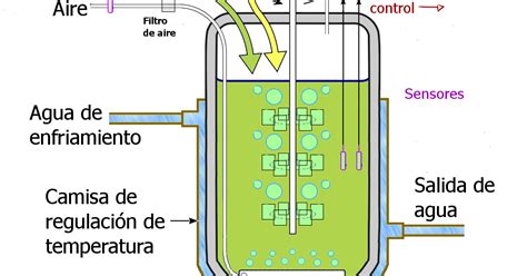 Esquema de un biorreactor con sus componentes principales y sistemas de control