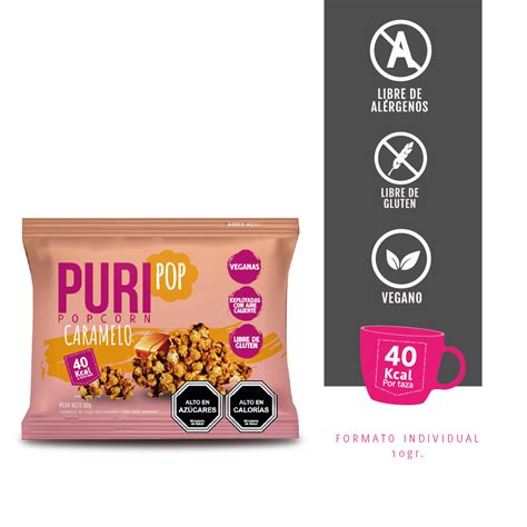 Imagen de paquete de PuriPop Caramelo 200g con diseño atractivo y elementos que sugieren sabor a caramelo y naturalidad.