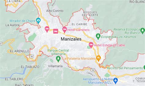 Mapa de Manizales resaltando los principales escenarios de la Feria, como la Plaza de Bolívar, el Estadio Palogrande y el Teatro Los Fundadores.