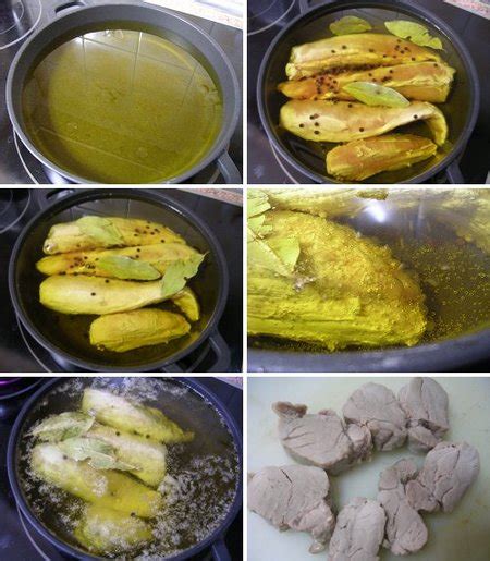 Esquema de pasos: corte de verduras, confitado a fuego lento en sartén y escurrido del aceite