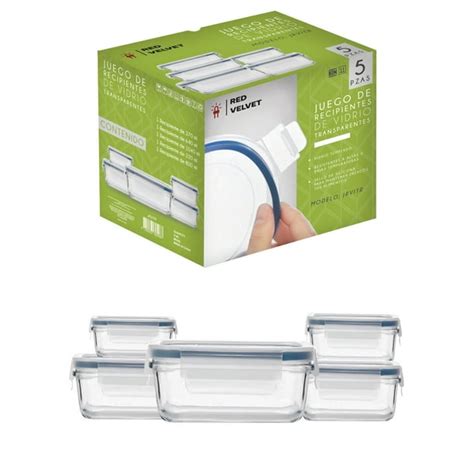 Imagen de un juego de recipientes de vidrio templado para almacenamiento de alimentos.