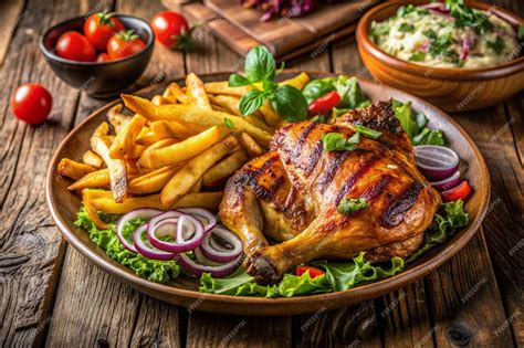 Pollo a la brasa servido con papas fritas y ensalada