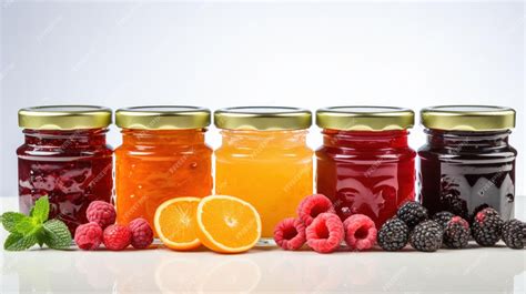 Variedad de tarros de mermeladas y jaleas caseras con frutas frescas