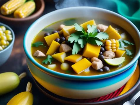 Ajiaco humeante en un plato hondo con trozos de carne y verduras
