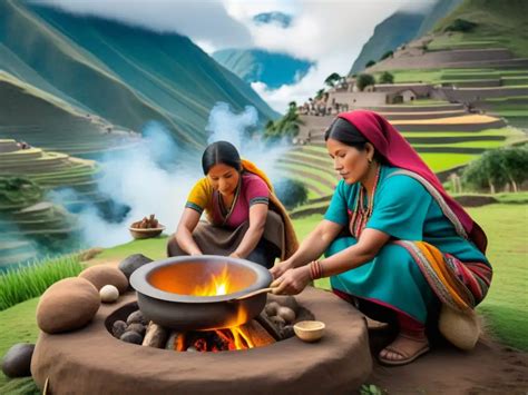 Mujeres andinas preparando alimentos en una cocina tradicional