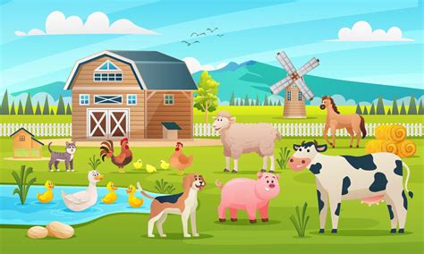 Ilustración de animales de granja en condiciones de cautiverio.