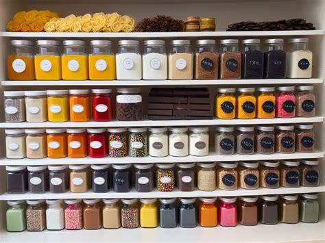 Estantería con una despensa organizada de ingredientes de repostería
