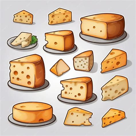 Ilustración de un surtido de quesos de cabra de diferentes texturas y formas.