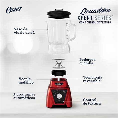 Infografía mostrando las diferentes partes y funciones de la licuadora Oster Xpert Series