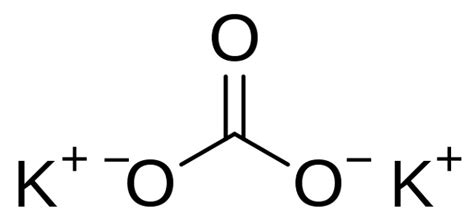 Estructura molecular del carbonato de potasio (K2CO3).
