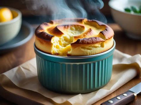 Esquema de un soufflé correctamente horneado mostrando su textura aireada y altura sobre el molde