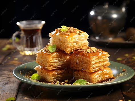 Plato de Baklava con pistachos y miel
