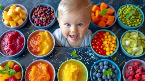 Bebé sentado probando nuevas verduras y frutas en su sillita