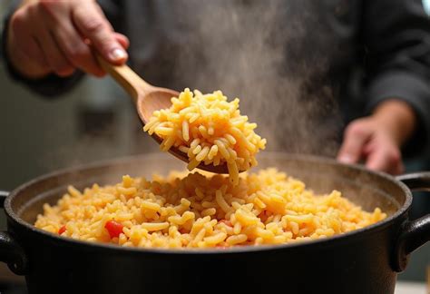Un caldero con arroz y chuletas cocinándose a fuego lento, mostrando el resultado final del locrio.