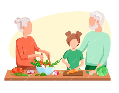 Ilustración artística que representa la conexión entre un abuelo y su nieta cocinando juntos en una cocina tradicional