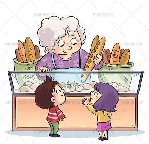 Ilustración de niños comprando pan en una panadería, estilo dibujos animados