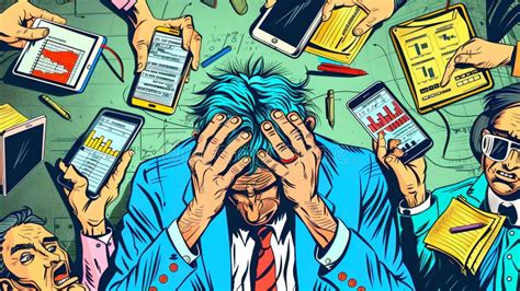Persona con expresión de estrés y agobio, rodeada de múltiples elementos visuales que representan tareas y presiones