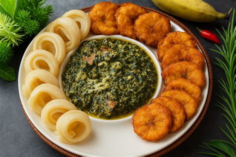 Fotografía de un plato tradicional de Ndolé acompañado de plátano frito.