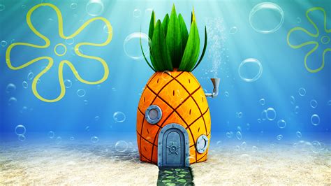 Ilustración de Bob Esponja frente a su casa en forma de piña en Fondo de Bikini