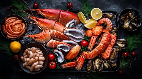 Fotografía profesional de una bandeja de mariscos frescos y variados servidos listos para el consumo.