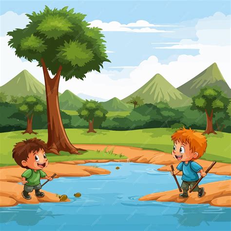 Niños jugando en la orilla del río Llesquehue en Caleta Manzano.