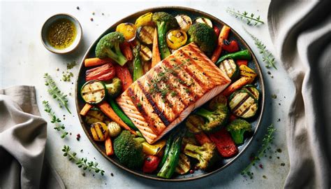 Plato de salmón horneado con alioli y guarnición de cuscús perlado y verduras