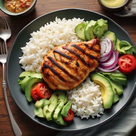 Ensalada de arroz fresca y colorida con pollo a la parrilla