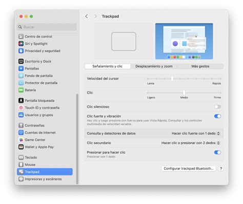 Captura de pantalla de la configuración de Trackpad en macOS