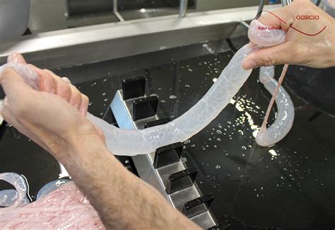Esquema comparativo entre la estructura de una tripa natural y las diferentes capas de una tripa artificial (colágeno, celulosa, plástico)